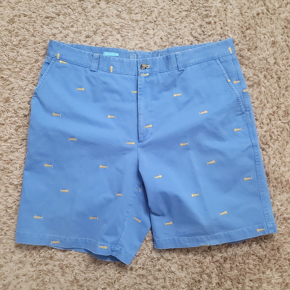 J.McLaughlin Chino Shorts Mens 40 Blue Yellow Fish Bone Embroidered Cotton Twill